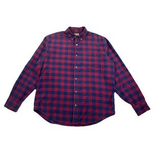 Relwen Brushed Flannel Shirt Cotton Navy Blue & Red Plaid Button Up Men's XL